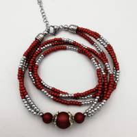 Dreireihiges Wickel-Perlen-Armband mit Glas und Polarisperlen und Edelstahl in rot silber 20,5cm plus Verlängerungskette Bild 1