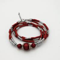 Dreireihiges Wickel-Perlen-Armband mit Glas und Polarisperlen und Edelstahl in rot silber 20,5cm plus Verlängerungskette Bild 2