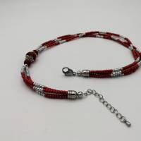 Dreireihiges Wickel-Perlen-Armband mit Glas und Polarisperlen und Edelstahl in rot silber 20,5cm plus Verlängerungskette Bild 3