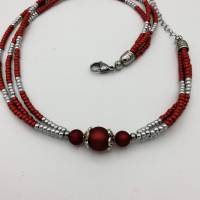 Dreireihiges Wickel-Perlen-Armband mit Glas und Polarisperlen und Edelstahl in rot silber 20,5cm plus Verlängerungskette Bild 4