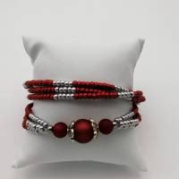 Dreireihiges Wickel-Perlen-Armband mit Glas und Polarisperlen und Edelstahl in rot silber 20,5cm plus Verlängerungskette Bild 5