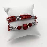 Dreireihiges Wickel-Perlen-Armband mit Glas und Polarisperlen und Edelstahl in rot silber 20,5cm plus Verlängerungskette Bild 6