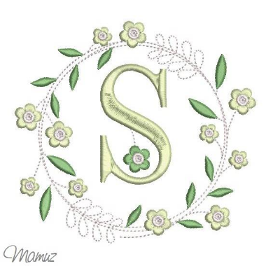 Monogramm  *  S  *  im Frühlings atemberaubendem Blumenkranz - Stickdateien in 5 Größen
