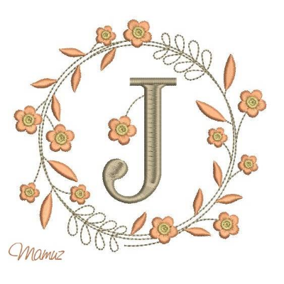 Monogramm  *  J  *  im Frühlings atemberaubendem Blumenkranz - Stickdateien in 5 Größen
