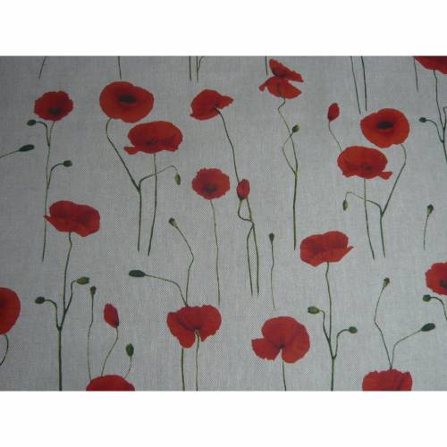 12,60 EUR/m Dekostoff Mohnblumen rot auf hellbeige Leinenoptik Landhausstil