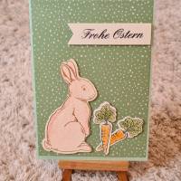 Osterkarte " Frohe Ostern " Hase mit Möhren Bild 1