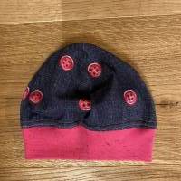 Bündchenmütze Kopfumfang 40-44 cm 45-49 cm  Knöpfe pink auf jeansblau Bund pink Bild 1