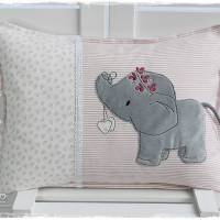 Kissen rose/weiß mit Doodlestickerei Elefant, personalisierbar Bild 1