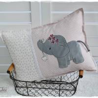 Kissen rose/weiß mit Doodlestickerei Elefant, personalisierbar Bild 2