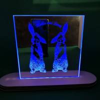 Lasergravur auf Spiegel mit Motiv Hasen, mit farbigem Licht und Fernbedienung inkl. Wunschtext Bild 3