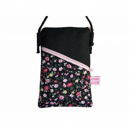 Handytasche Mini Umhängetasche schwarz Crossbag handmade aus Baumwollstoff 2 Fächer Farb- und Musterauswahl