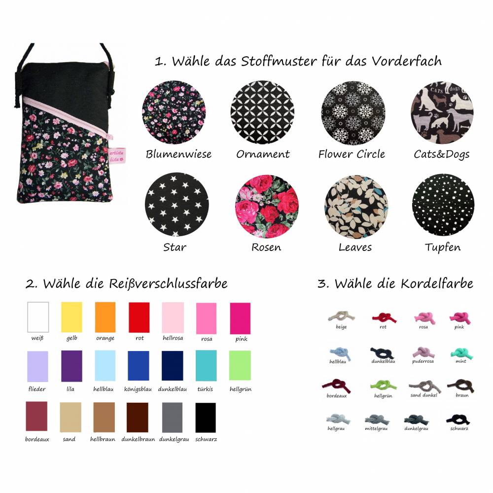 Handytasche Crossbody Bag Mini Umhängetasche schwarz handmade z.B und Musterauswahl für Handy aus Baumwollstoff 2 Fächer Farb 