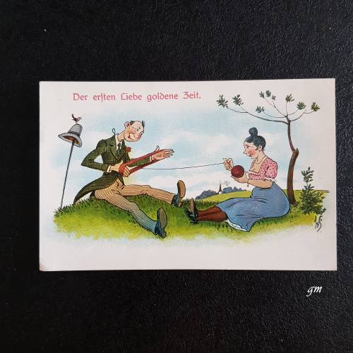 Postkarte, vintage, Liebe, Karikatur, erste Liebe, verliebt,   "Der ersten Liebe goldne Zeit"