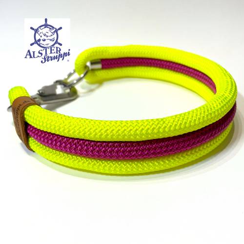 Hundehalsband dreifach, neongelb, himbeerrot, Edelstahl Karabiner und Ring