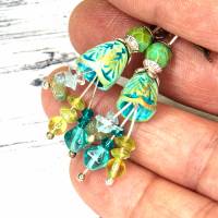 keramikblüten ohrhänger, lässige boho hippie ohrringe, geschenk, glasperlen blau, grün, türkis Bild 3