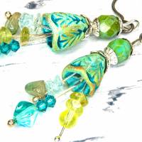 keramikblüten ohrhänger, lässige boho hippie ohrringe, geschenk, glasperlen blau, grün, türkis Bild 8