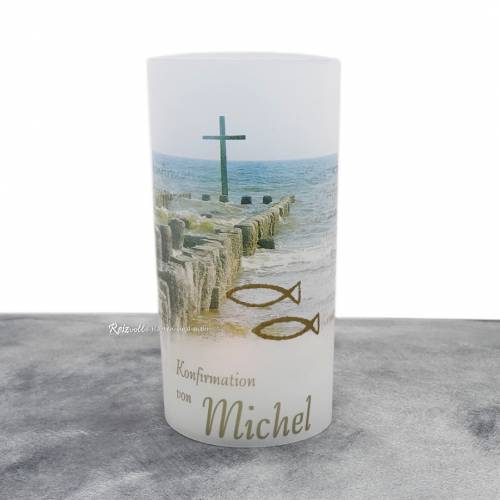 Lichthülle Konfirmation, Kommunion oder Firmung "Kreuz im Meer" mit individuellem Spruch