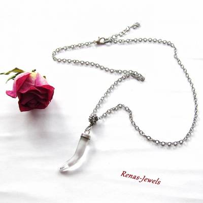 Edelstein Kette kurz Bergkristall mit Horn Anhänger – Silberfarben, durchsichtig & elegant