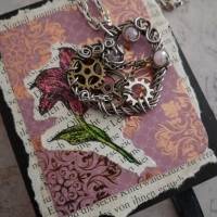 Steampunk Look Herz mit Rosa Facetten Perlen mit Zahnrädern in einer Aludrahtfassung/ Valentinstags Geschenkidee Bild 9
