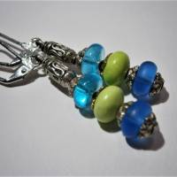 Ohrringe aqua türkis grün mit Gaspeit und Glas handgemacht silberfarben Bild 3
