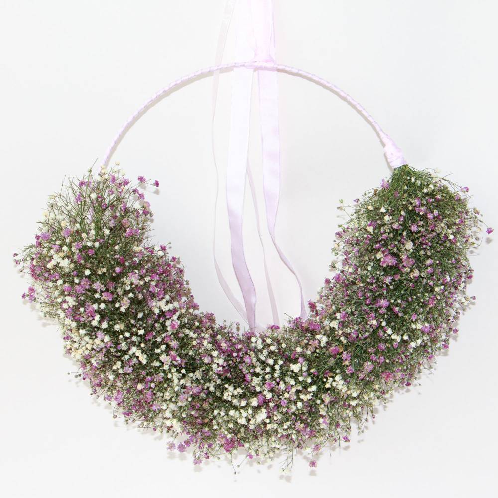 Brautstrauß Trockenblumen Schleierkraut weiß & rosa / Wanddeko Dekoring Wandkranz Dekokranz mit Rosa-Band 25/34cm Bild 1
