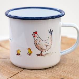 Emaille-Tasse Huhn mit Hühnern, Kücken und Spruch, Kindertasse zum Geburtstag, Personalisierbar Bild 3