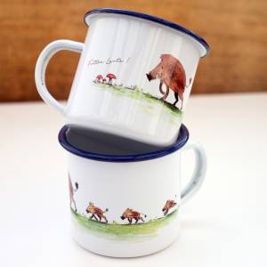 Emaille-Tasse mit Wildschweinen, Geschenk Tasse mit Wildschwein-Familie, Kindertasse zu Geburtstag, personalisierbar Bild 2
