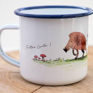 Emaille-Tasse mit Wildschweinen, Geschenk Tasse mit Wildschwein-Familie, Kindertasse zu Geburtstag, personalisierbar Bild 3