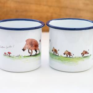 Emaille-Tasse mit Wildschweinen, Geschenk Tasse mit Wildschwein-Familie, Kindertasse zu Geburtstag, personalisierbar Bild 6