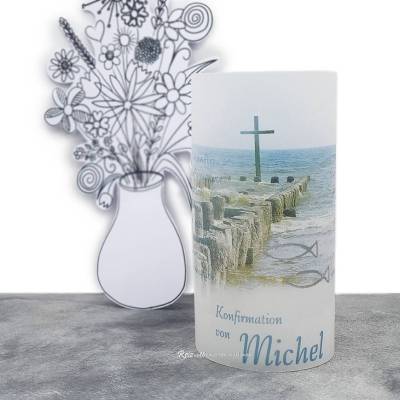 Lichthülle Konfirmation, Kommunion oder Firmung - Kreuz im Meer - mit individuellem Spruch