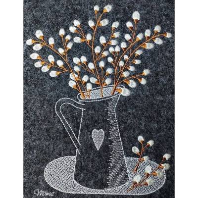 * Edle Kanne mit Weidenkätzchen / Palmkätzchen * Frühlingsdeko 16x20 Shabby chic