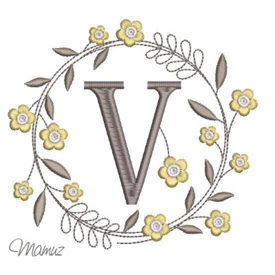 Monogramm  *  V  *  im Frühlings atemberaubendem Blumenkranz - Stickdateien in 5 Größen