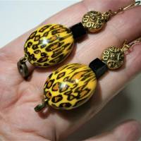 Lange Ohrringe leo Muster handbemalt safran schwarz goldfarben Geschenk für sie Bild 6