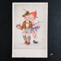 Grußkarte gemalt mit Kindern, Postkarte, ca. 50er Jahre, unbeschrieben Bild 1