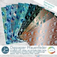 Digipapier Pfauenfeder mit Kupfer-Optik, Farbvariante Blau-Grün, Türkis, mit passendendem DigiStamp zum Sofortdownload Bild 1