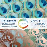 Digipapier Pfauenfeder mit Kupfer-Optik, Farbvariante Blau-Grün, Türkis, mit passendendem DigiStamp zum Sofortdownload Bild 2