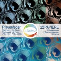 Digipapier Pfauenfeder mit Kupfer-Optik, Farbvariante Blau-Grün, Türkis, mit passendendem DigiStamp zum Sofortdownload Bild 3