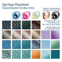 Digipapier Pfauenfeder mit Kupfer-Optik, Farbvariante Blau-Grün, Türkis, mit passendendem DigiStamp zum Sofortdownload Bild 4