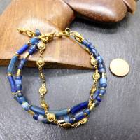3-reihiges Armband, blau messing/gold - 20,5cm+ - antikes römisches Glas, Nila Perlen Bild 2