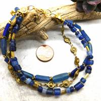 3-reihiges Armband, blau messing/gold - 20,5cm+ - antikes römisches Glas, Nila Perlen Bild 3