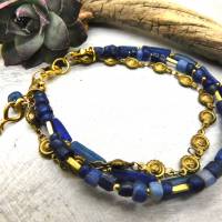3-reihiges Armband, blau messing/gold - 20,5cm+ - antikes römisches Glas, Nila Perlen Bild 4