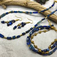 3-reihiges Armband, blau messing/gold - 20,5cm+ - antikes römisches Glas, Nila Perlen Bild 5