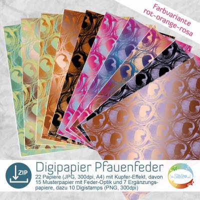 Digipapier Pfauenfeder mit Kupfer-Optik, Farbvariante Orange, Rosa, mit passendendem DigiStamp zum Sofortdownload