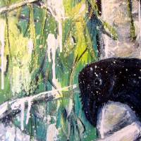 RABE AUF BIRKENAST - abstraktes Gemälde mit Metallikeffekten und Glitter auf Leinwand Bild 3