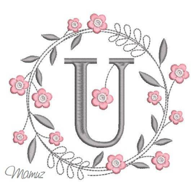 Monogramm  *  U  *  im Frühlings atemberaubendem Blumenkranz - Stickdateien in 5 Größen