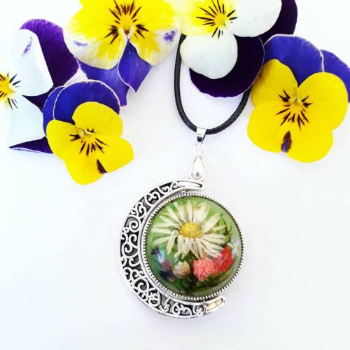 Anhänger beidseitig echte Blumen vintage Stil