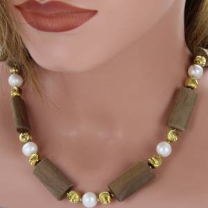 Design Holz Kette mit echten Perlen – 925er Sterling Silber vergoldet Bild 3