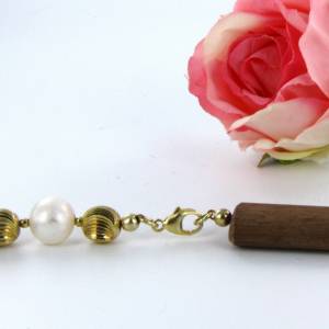 Design Holz Kette mit echten Perlen – 925er Sterling Silber vergoldet Bild 4