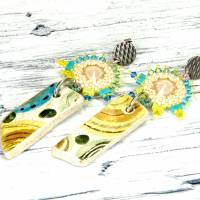 lässige bunte hippie ohrstecker, geschenk, ostern, ohrringe, beadwork, keramik, glasperlen türkis, beige Bild 2
