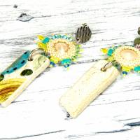 lässige bunte hippie ohrstecker, geschenk, ostern, ohrringe, beadwork, keramik, glasperlen türkis, beige Bild 5